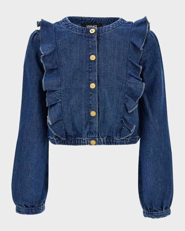 Girl's Washed Denim Ruffled Button-Front Shirt, Size 6-14